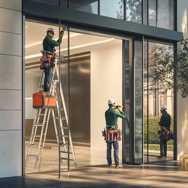 Installatori che montano una porta Label