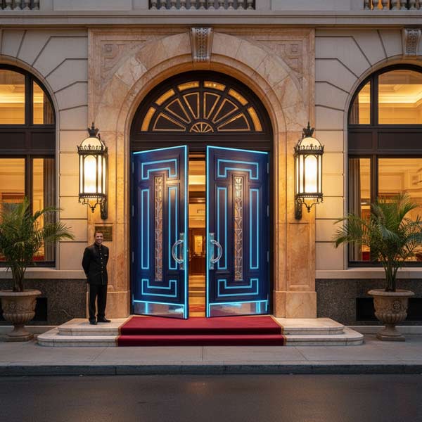 Portone d'ingresso con ante pesanti di un albergo in un edificio storico